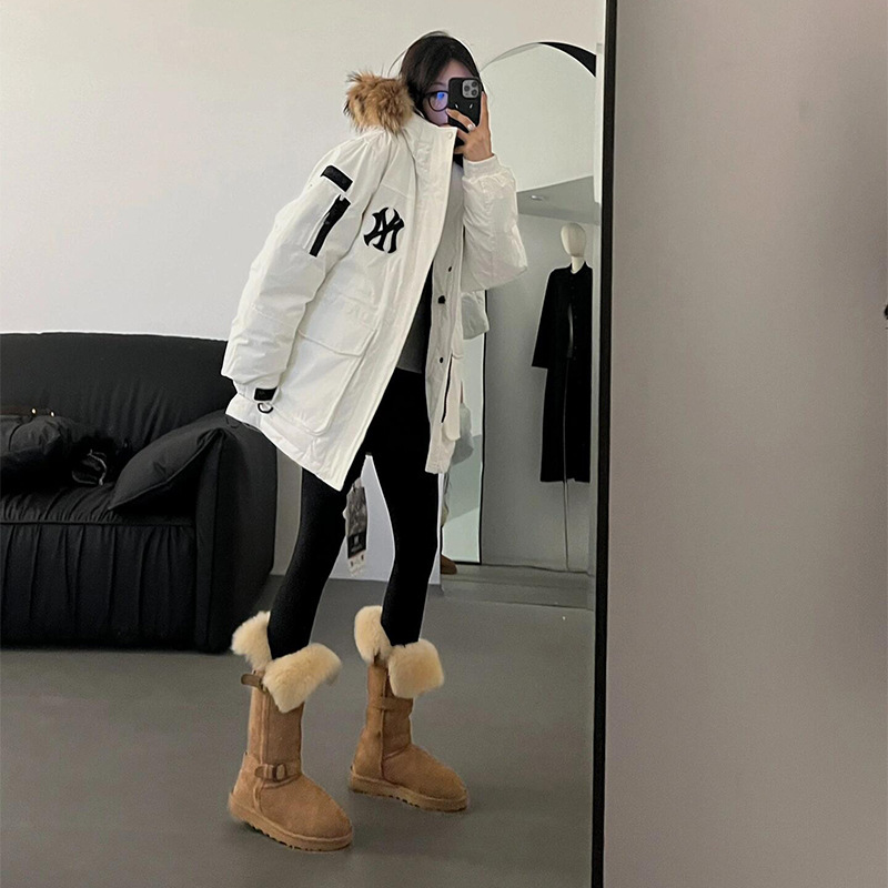羊皮毛一体灰色雪地靴女2025新款复古两穿中筒加绒不过膝骑士靴|undefined