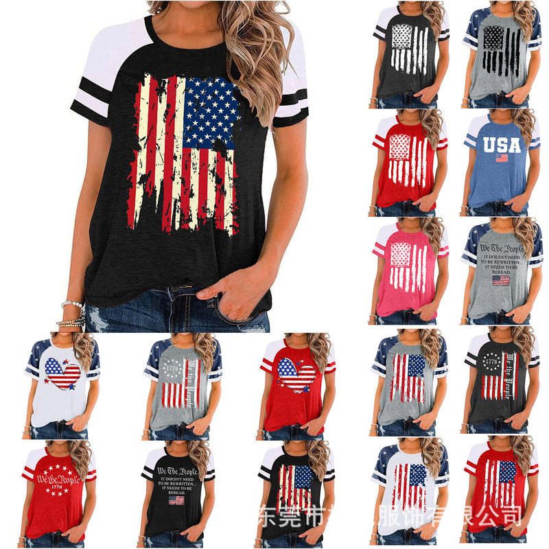 2025 European and American Amazon Summer Women's American Independence Day Temu Printed Short-Sleeved Patchwork Casual T-Shirt for Women