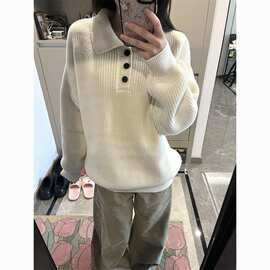 韩系简约慵懒风领白色毛衣秋春季2026年新款宽松软糯针织上衣