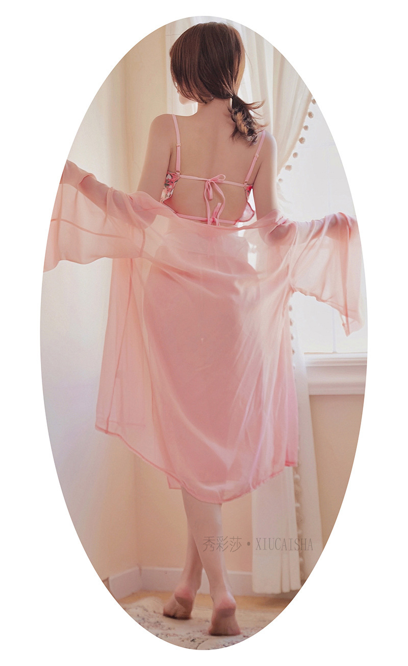 Han Dynasty Floral Bellyband Costume Set with Chiffon Robe, Slip Dress and Briefs, Plus Size — detail image 8