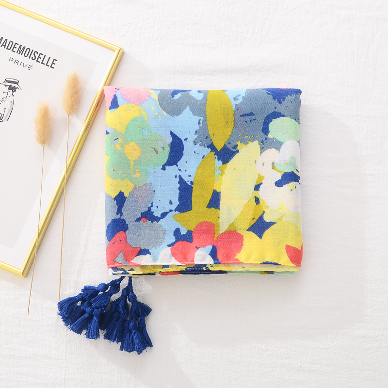 Comercio exterior transfronterizo artístico bufanda de seda del todo fósforo chal protector solar largo Margarita colorida impresa bufanda de borla de algodón y lino