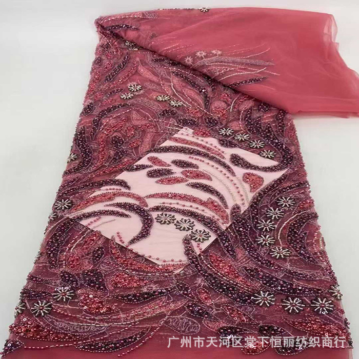 跨境重工珠管亮片刺绣花布网纱珠子布料伴娘礼服婚纱服饰面料