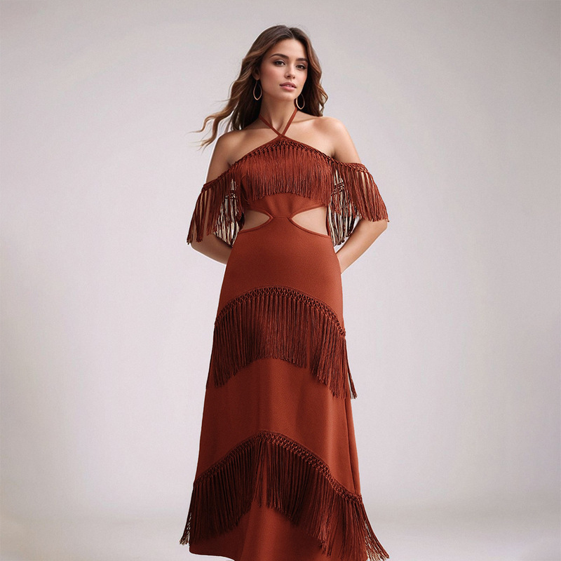 Cross-Border European and American Tube Top Halter Neck Bohemian Style Dress for Women Off-Shoulder Bandage Splicing Tassel Long Skirt for Women