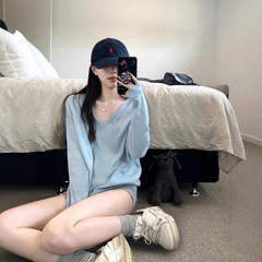 蓝色v领小个子针织罩衫女夏季空调防晒衫慵懒风毛衣外搭薄款上衣