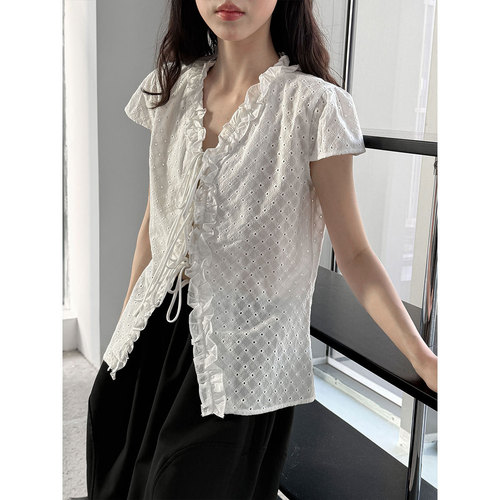 Lushi French Sweet Ruffled V-neck Short-sleeved Women's Summer New Lace Embroidery Tie-up Shirt Blouse 0842 