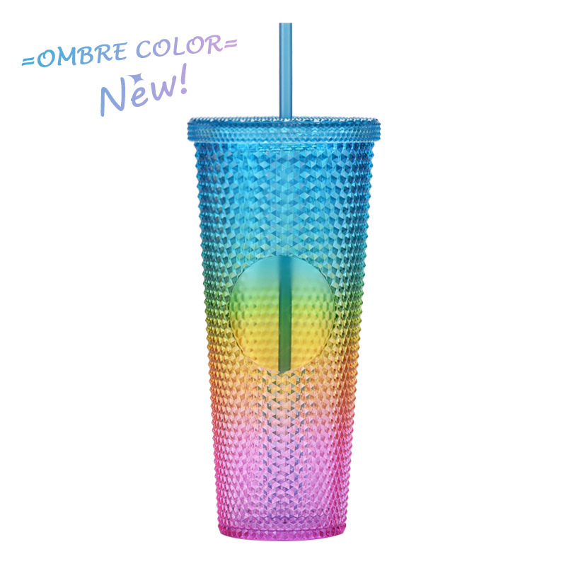 二層プラスチックストローカップ大容量クリエイティブ 710 ミリリットルドリアンカップハンドカップ発光変色レインボーグラデーションカップ|undefined