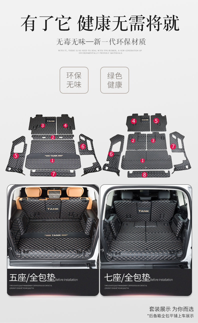 Suitable for Wey Tank 500 Trunk Mat, Full Surround, Dedicated for Seven-Seater and Modified for Five-Seater, Decorative Car Trunk Mat