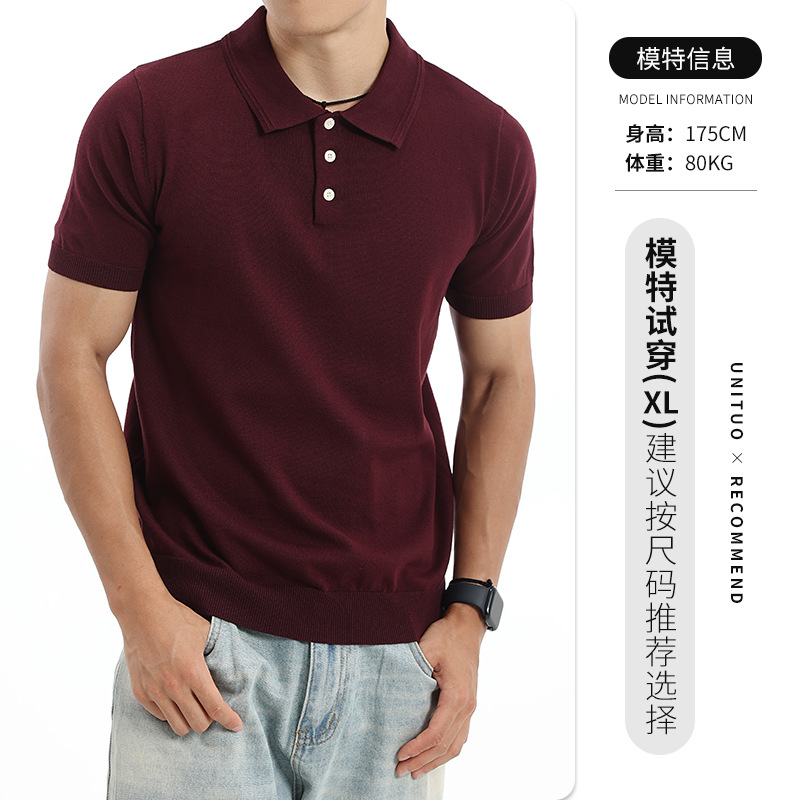 Vento japonés para hombres de punto de manga corta polo camiseta de collar sólido para hombres de verano de negocios casual alta sensación de ropa de hombre