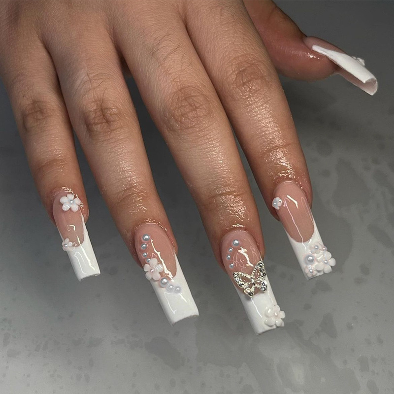 Cross-border Long Pipe White French Flower Butterfly Long Ballet Nail Art Rectangular French Nail Paste