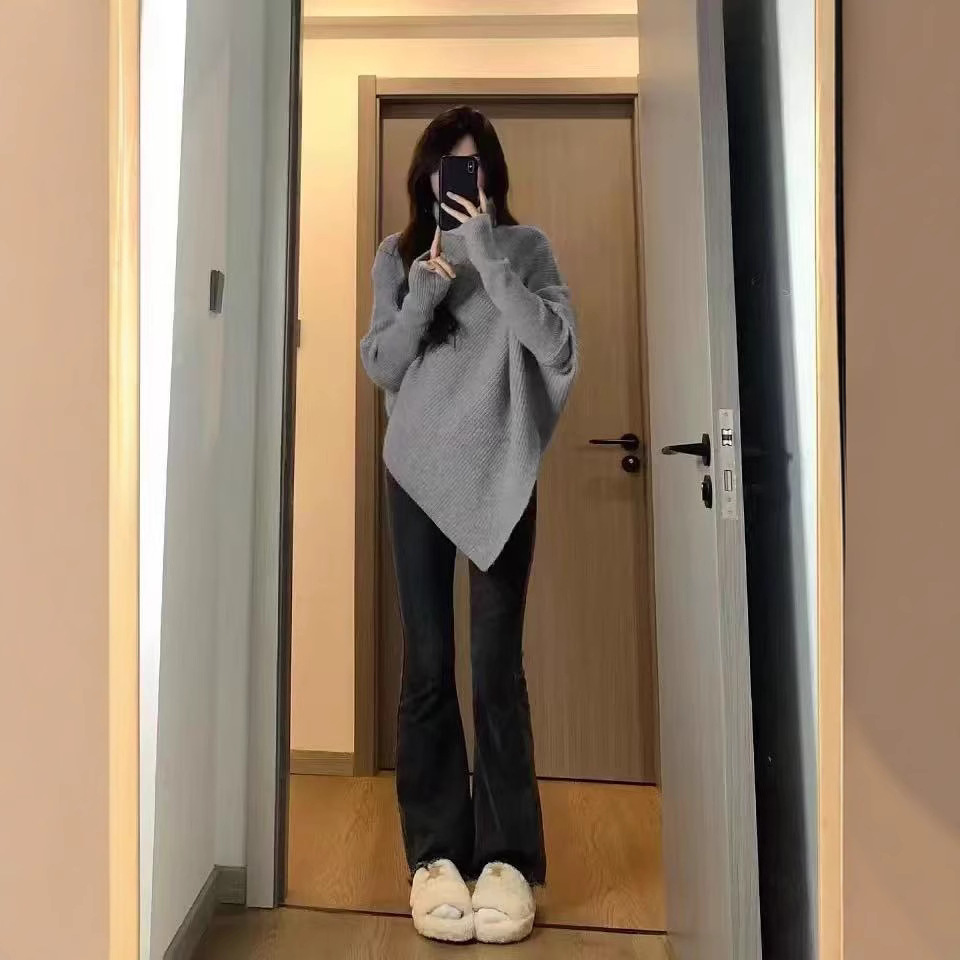 터틀넥 불규칙한 틈새 디자인 스웨터 여성의 가을과 겨울 한국 스타일 느슨한 게으른 스타일 부드러운 왁스 니트 탑 두껍게