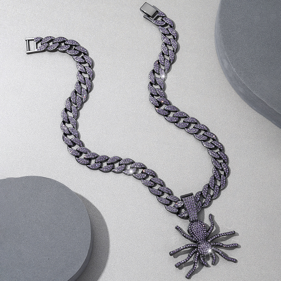 Ciondolo ragno con strass viola creativo e alla moda, collana cubana, gioielli hip-hop rap con personalità di nicchia_voghion.com