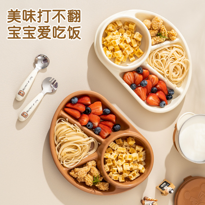 Baby Bear Dinner Plate, Baby Suction Cup Bowl, Complementary Food Spoon and Fork, Children's Tableware, Cartoon Learning Chopsticks, Spoon and Fork Set