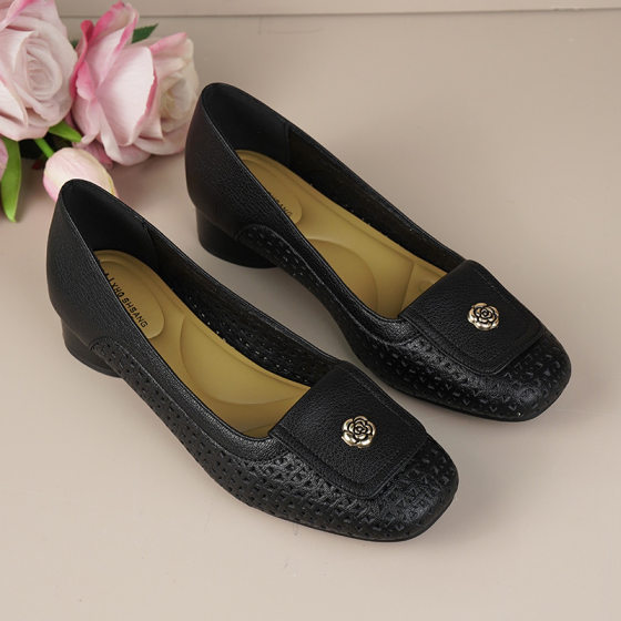 Genuine Leather Cowhide Spring and Summer New Women's Shoes Hollow Thick Heel Breathable Low Heel Fashionable All-match Single-layer Shoes 2652 Casual All-match