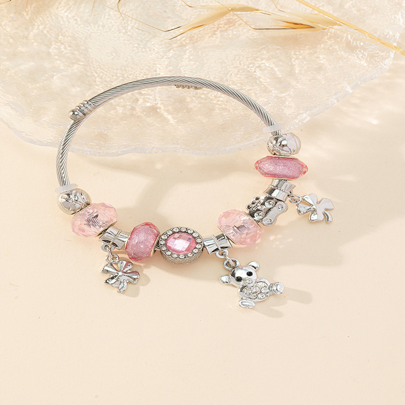 Pulsera Panjia Dora DIY cuentas de aleación de diamante de hoja de oso amor colgante brazalete abierto