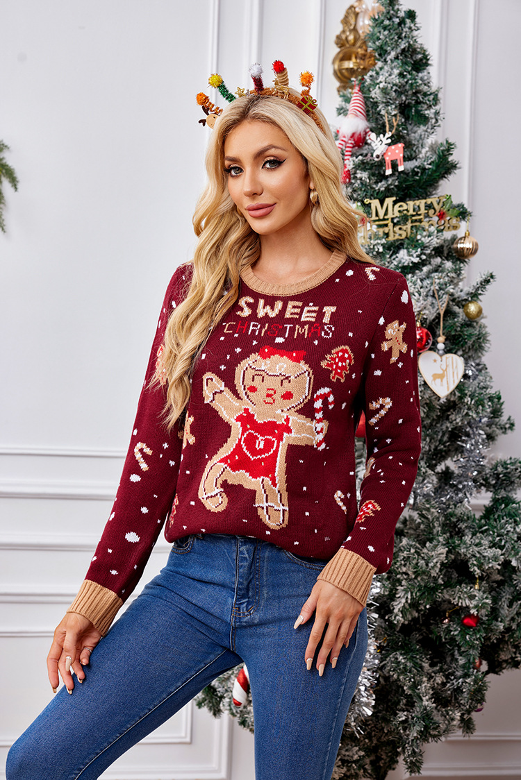 567g Weight Long Sleeve Sleeve Length Pullovers Placket Type Wholesale Women's Streetwear Gingerbread Long Sleeve Jacquard Sweaters & Cardigans