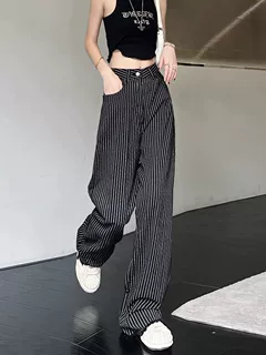 西蒙莱纳美式竖条纹直筒牛仔裤女夏季薄款宽松高腰显瘦复古运动
