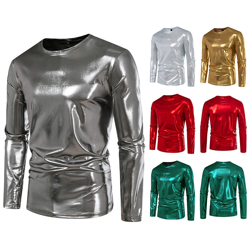 2025 Autumn New European Size Men's Fashion Trend Party Glossy Long Sleeve Round Neck T-Shirt Wholesale 2025 Autumn New European Size Men's Fashion Trend Party Glossy Long Sleeve Round Neck T-Shirt Wholesale
