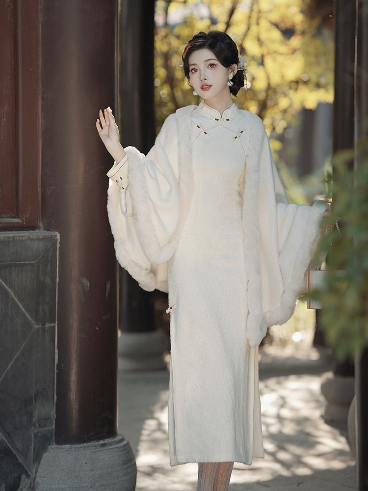 新中式复古民国风少女旗袍改良连衣裙加绒外披两件套
