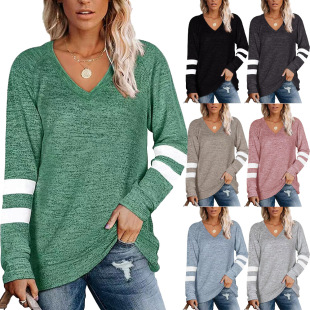 Amazon Women's 2022 cross-border foreign trade European and American women's long-sleeved contrast color stitching V-neck loose casual T-shirt top