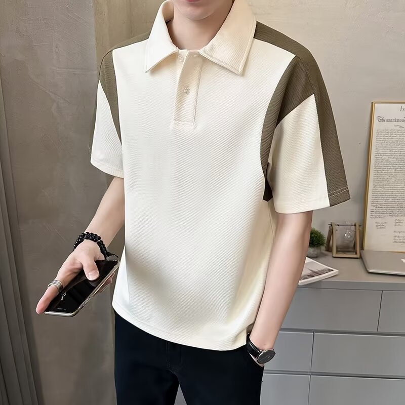 Herren Patchwork Polohemd Atmungsaktives Baumwoll Casual Shirt_voghion.com