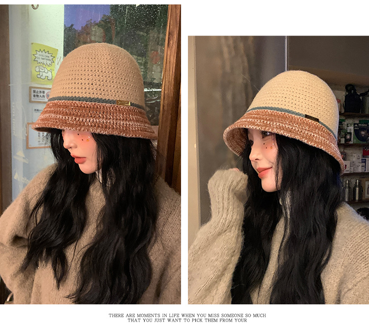 Cappello da scodella coreano lavorato a maglia coreano da donna per l'autunno e l'inverno Calore all'aperto Piccola folla Clip a colori Sfilata di moda Volto piccolo_voghion.com