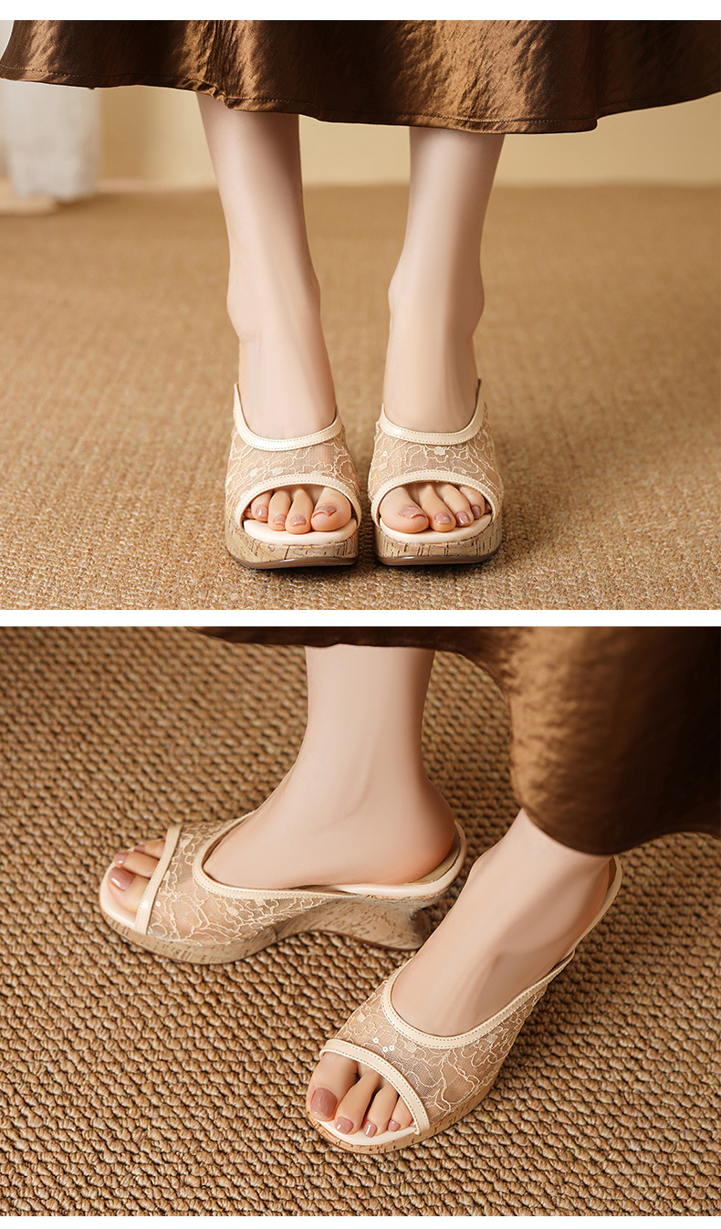 Sandal cao gót nữ mũi hở phối ren lưới trắng, đế xuồng platform thoải mái — màu trắng, màu mơ chi tiết 3