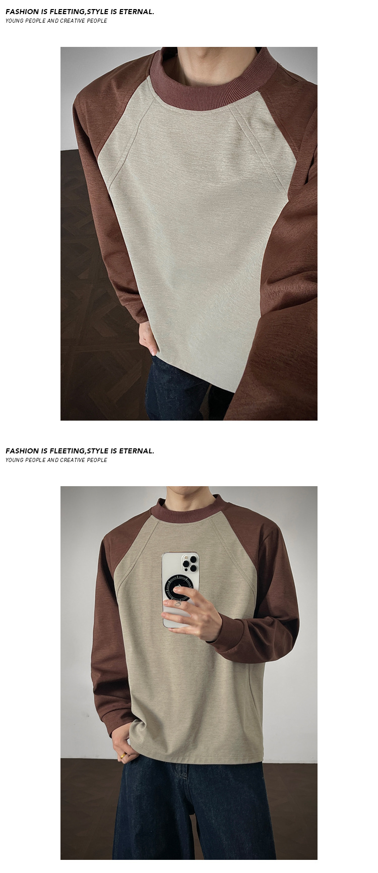 Long-sleeve Patchwork T-shirt For Men American Style Loose Casual_voghion.com
