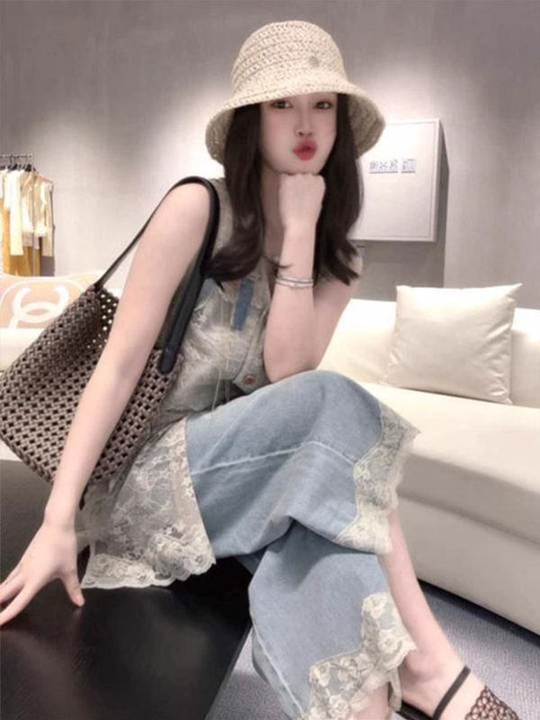 Lace Patchwork Jeans for Women, New Summer Style, Plus Size, for Petite Figures, High-Waisted, Slimming, Straight-Cut, Wide-Leg Pants