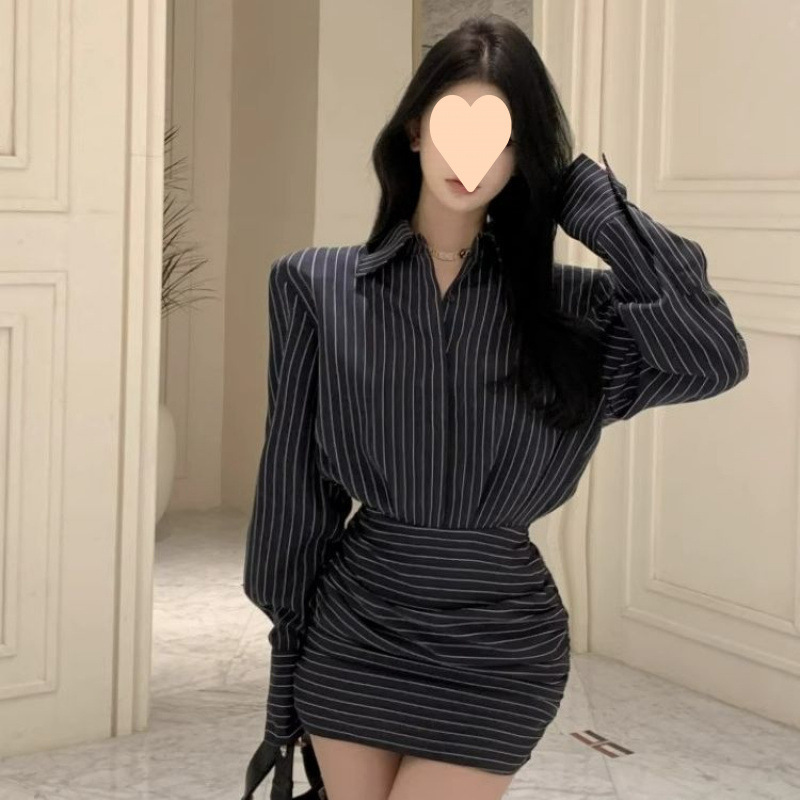 条纹长袖衬衫连衣裙女装秋季收腰衬衣裙子复古气质领包臀短裙|undefined