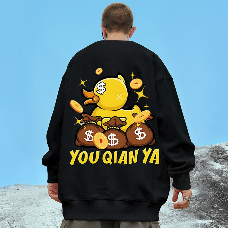 Cute Duck Print Round Neck Sweatshirt Plus Size Men's Long-Sleeved T-Shirt Fashionable and Versatile Spring & Fall Bottoming Shirt Trendy