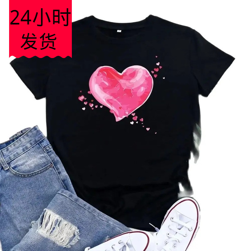 European and American Women's Large Size Heart Pattern Printed Short Sleeve T-Shirt Women's Summer Fashion Casual Girl T-Shirt