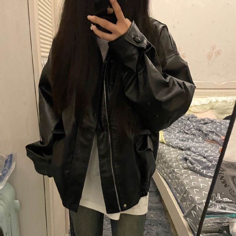 WASTE SOIL Style American Style Retro Black PU Leather Jacket Women's Spring and Autumn New Loose Handsome Casual Motorcycle Jacket Trendy WASTE SOIL Style American Style Retro Black PU Leather Jacket Women's Spring and Autumn New Loose Handsome Casual Motorcycle Jacket Trendy