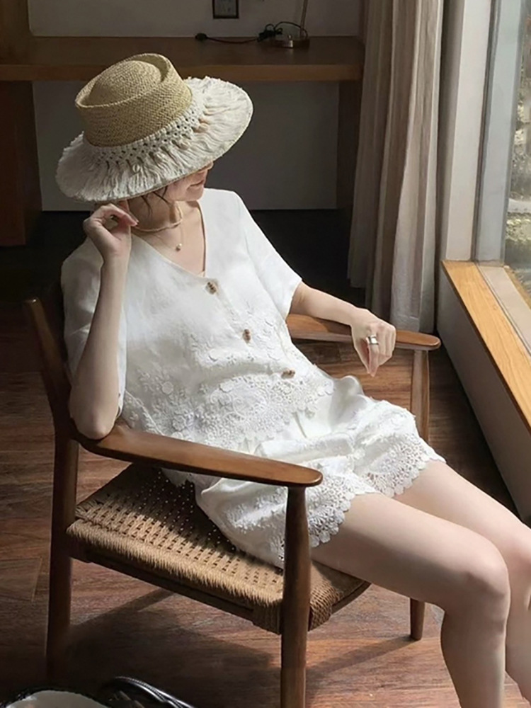 Bộ áo váy nữ phong cách Trung Hoa mùa hè vải lanh thêu ren cao cấp ZX N4047 — Chân váy màu trắng be, Áo màu caramel, Áo màu trắng be, Chân váy màu caramel