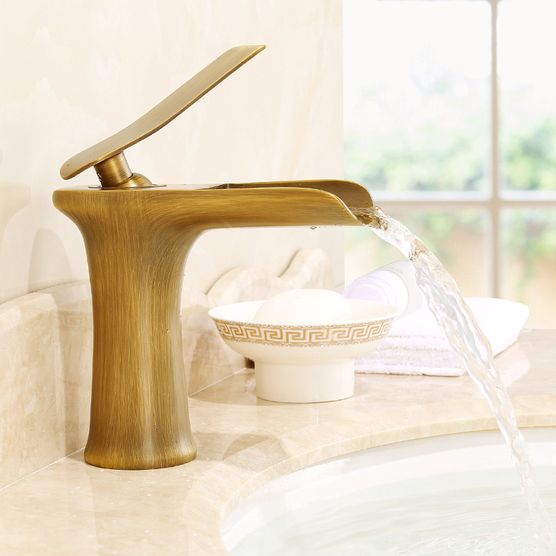 All-copper waterfall faucet bathroom washbasin washbasin above basin hot and cold retro faucet white gold