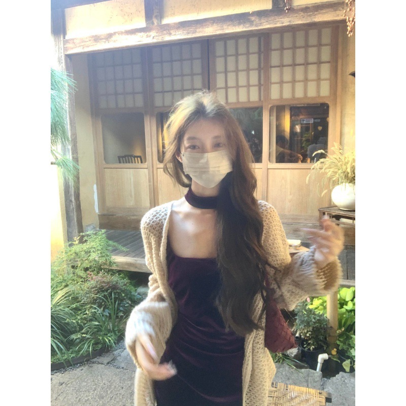 秋季风情万种紫色丝绒吊带连衣裙外搭针织开衫纯欲套装|undefined