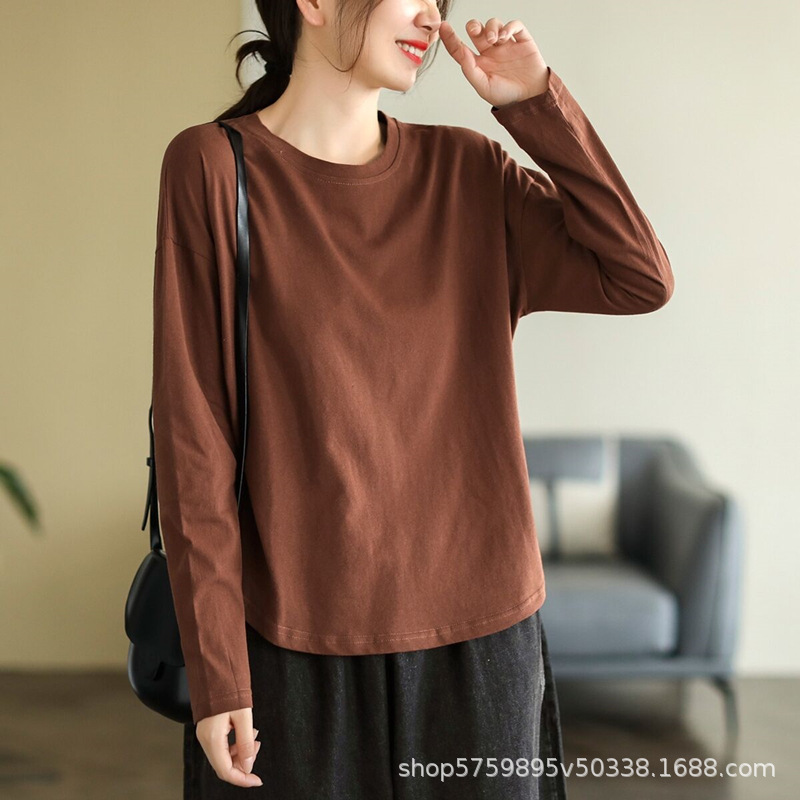 レトロ文学ソリッドカラー初秋ボトリングシャツ女性のための 2025 新しいラウンドネック多用途長袖 Tシャツ女性のトップ