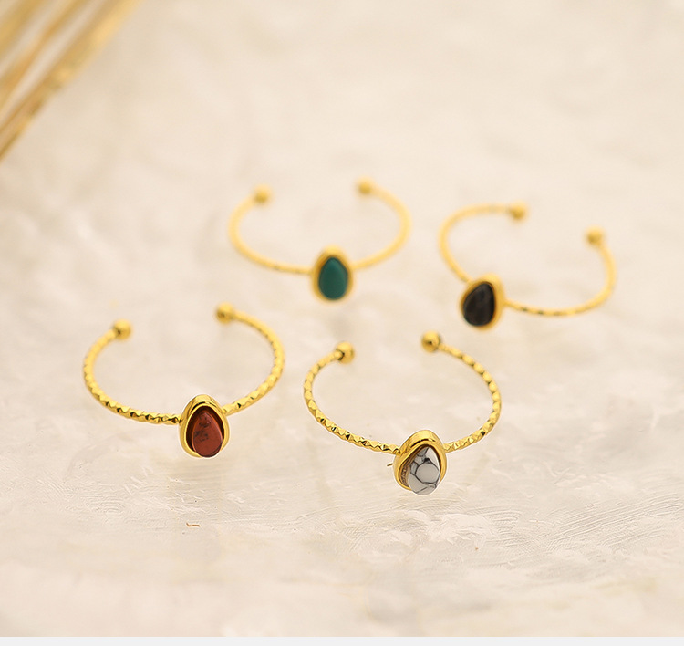 Water Drop Natural Stone Ring Elegant Titanium Steel Open Band_voghion.com