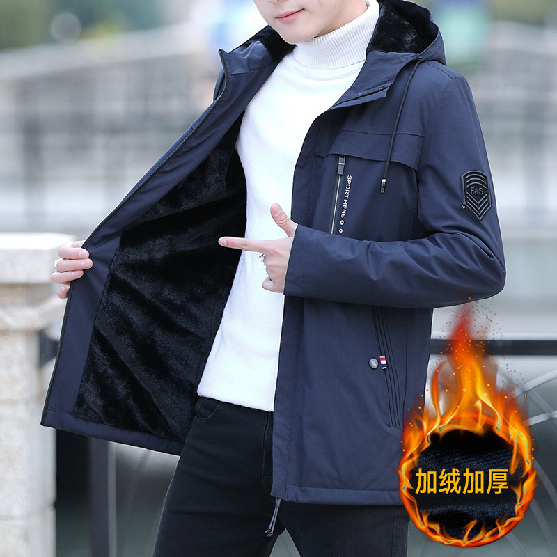 中青年棉衣外套男冬季加绒保暖老爸棉服春秋款休闲夹克加绒连帽