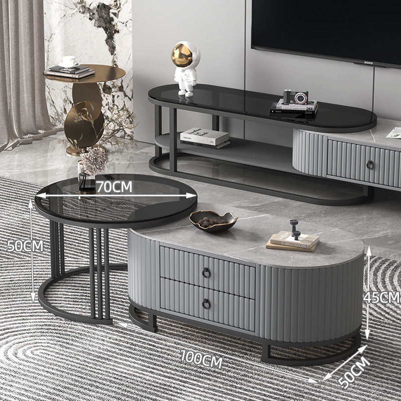 Mesa de centro de pizarra, mueble de TV, lujo ligero, sensación moderna de alta gama, sala de estar para el hogar, combinación de mesa de centro telescópica ovalada, mesa lateral
