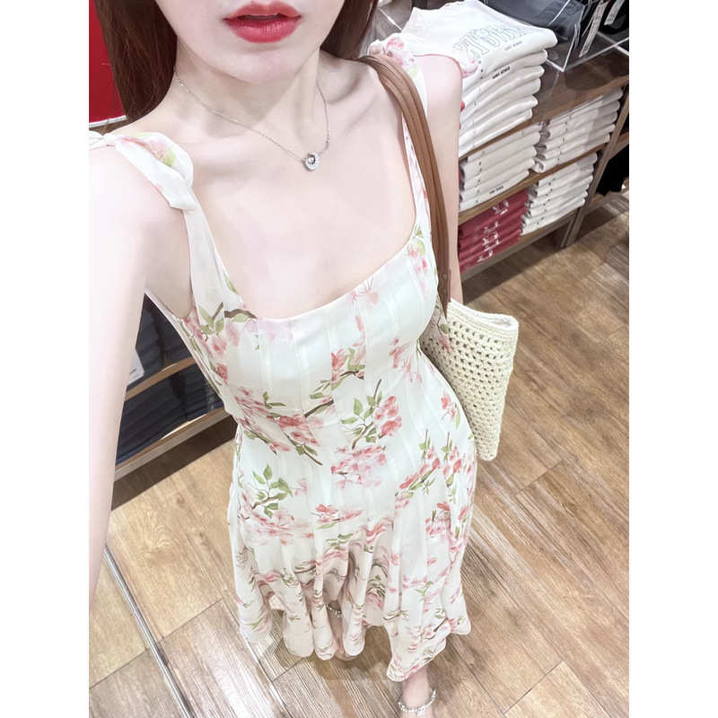 MENGXIANG Gentle Peach Blossom Reverie French Ambience Chiffon Printed Floral Long Sling dress
