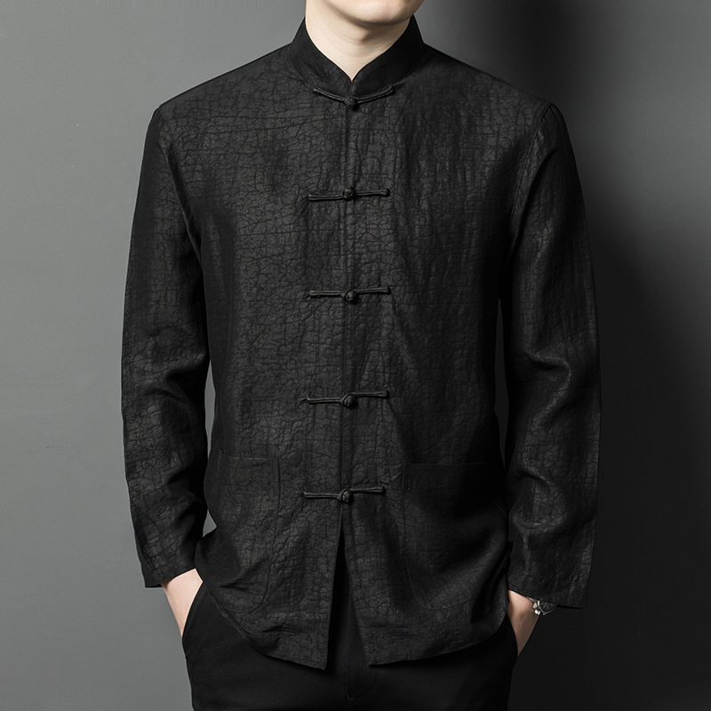 New Chinese Style Xiangyun Silk Long-Sleeve Shirt, Spring and Autumn Men's Fashion Silk Shirt, Zhongshan Style Shirt, Tang Suit Shirt New Chinese Style Xiangyun Silk Long-Sleeve Shirt, Spring and Autumn Men's Fashion Silk Shirt, Zhongshan Style Shirt, Tang Suit Shirt