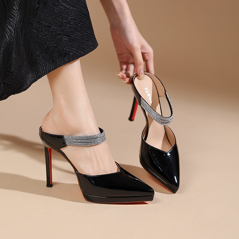 Sandal cao gót nữ mũi nhọn đính đá, quai một dây, gót 10 cm — Đen-10cm