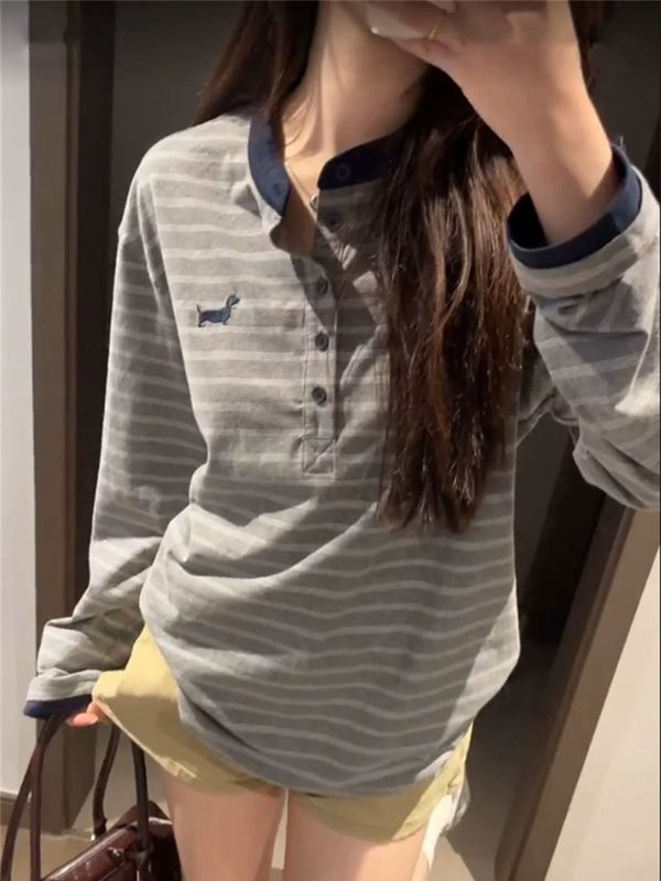 美式亨利领条纹长袖T恤女2025秋新款小个子宽松慵懒感复古上衣|undefined
