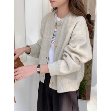 韩版大码慵懒感圆领长袖针织开衫女秋款新款外搭休闲毛衣外套上衣
