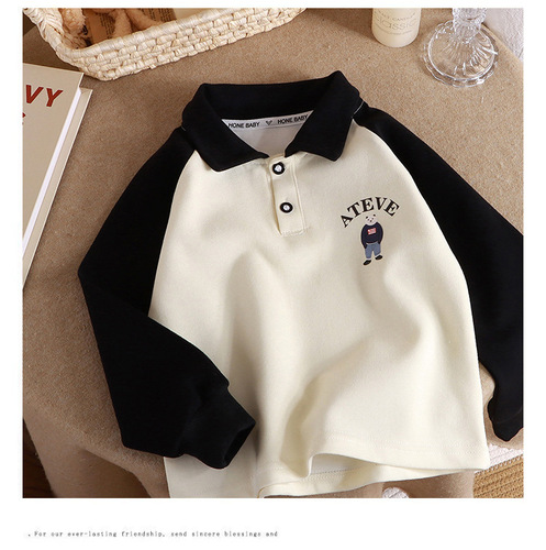 New  Spring and Autumn Polo Shirt Sweatshirt Children's Collar Long Sleeve Base Shirt for Middle Children, Splicing Shirt