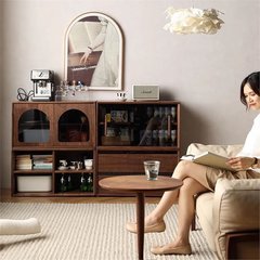 北欧実木本棚モジュールキャビネット黒胡桃木製サイドキャビネットリビングルームセット収納ショーケーステレビキャビネットシンプル