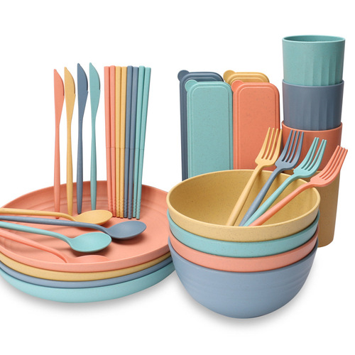 Cross-border wheat straw bowls, cups and plates 32-piece tableware set portable knife, fork, spoon and chopsticks microwaveable tableware set
