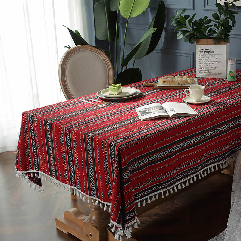 Bohemian Yarn-dyed Jacquard Red Sliver Tassel Tablecloth Home Coffee Table Cover Towel display picture 3