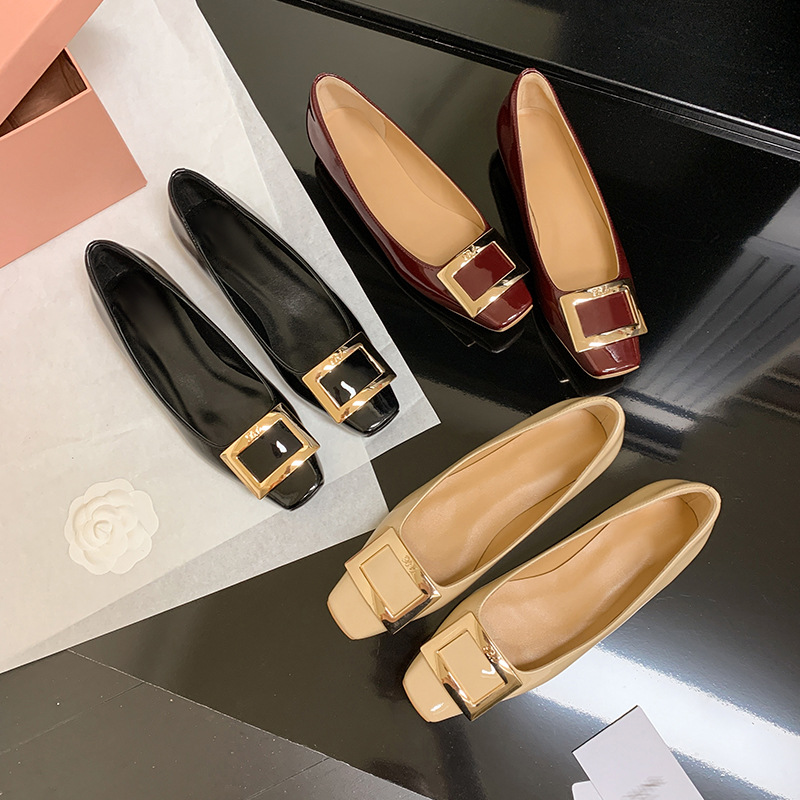 클래식 스퀘어 버클 여성용 신발, 천연 가죽, 데일리 다용도 페이턴트 가죽 스퀘어 토 슈즈, 데일리용 여성용 플랫 슈즈