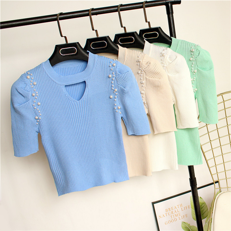 2024夏季新款冰丝珍珠圆领泡泡袖打底T恤女修身高腰短款薄针织衫